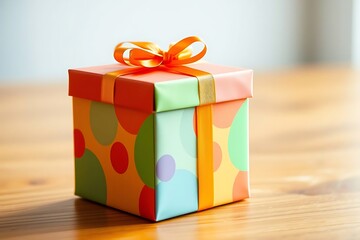 Adorable and charming 3D-rendered cube-shaped gift box with a ribbon, perfect for festive scenes, holiday packaging concepts, and cheerful decorative digital illustrations