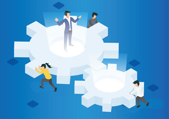 Flat 3d isometric business team pushing a big cogwheel. Teamwork concept
