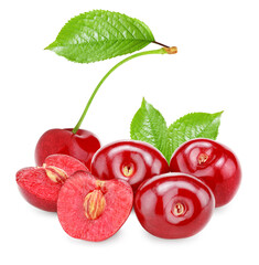 red cherry fruits with green leaf isolated on white background. clipping path