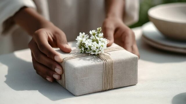 Handmade gift wrapping with twine and dried flowers on table cloth