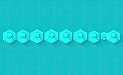 Light-blue user icons in hexagons,  aligned in a horizontal row, on a teal background