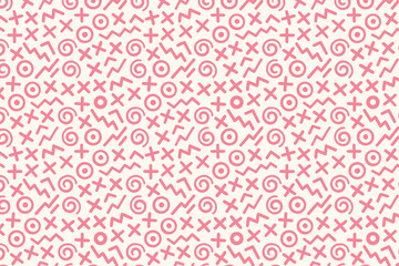 Retro 80s seamless pattern with abstract shapes. Memphis style doodle background with geometric lines and squiggles. Vector wallpaper.
