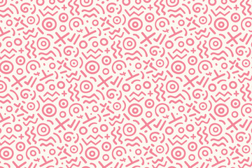 Retro 80s seamless pattern with abstract shapes. Memphis style doodle background with geometric lines and squiggles. Vector wallpaper.