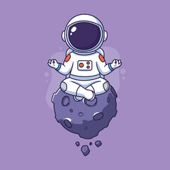 Cute Astronaut Meditating in Space on an Asteroid Vector illustration.
