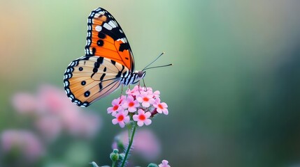 A delicate butterfly rests gracefully on a vibrant flower cluster.