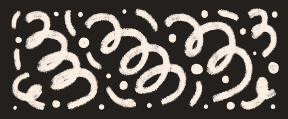 Graffiti art spray scribble wavy shapes. Squiggle hand drawn confetti set. Vector urban grunge brush strokes lines. Curve and swirls vector chalk elements. Curly ink brush spirals.