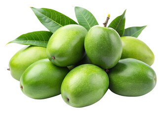 green mangoes cluster of unripe fruit isolated on white background, PNG