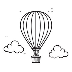 Naklejka premium Simple black and white outline drawing of a hot air balloon with a basket floating among stylized clouds and birds