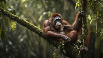 Orangutan Swings Through Lush Green Canopy