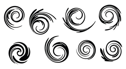 Collection of Dynamic Abstract Spiral and Swirl Elements with Flowing Lines Isolated on White Background – Ideal for Modern Logos, Accents, and Motion Graphics