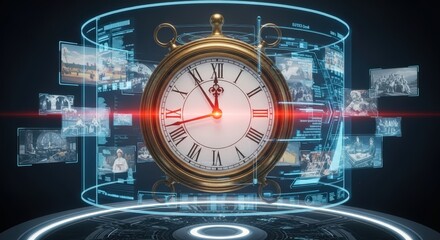 Golden clock surrounded by screens displaying images and data streams