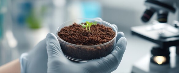 The seedling thriving in soil held in hands within a laboratory setting.