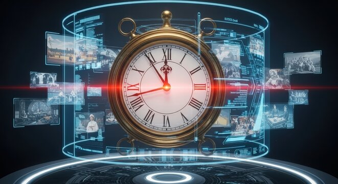 Golden clock surrounded by screens displaying images and data streams