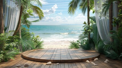 Tropical Wooden Podium Display with Seashells on Beach Deck Overlooking Azure Sea