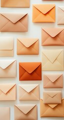 A top-down view of many envelopes in various shades of beige, peach, and orange.  The envelopes are arranged in a grid-like pattern on a white surface,  