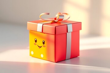 Adorable and charming 3D-rendered cube-shaped gift box with a ribbon, perfect for festive scenes, holiday packaging concepts, and cheerful decorative digital illustrations