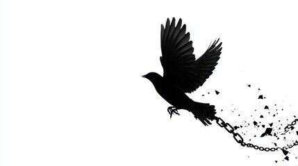 Fototapeta premium Breaking Free: A symbolic black silhouette of a bird takes flight, leaving behind shattered chains, representing freedom, liberation, and breaking free from constraints.