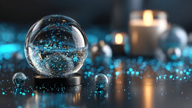Minimalistic snow globe hologram above black reflective surface in digital glow - Powered by Adobe