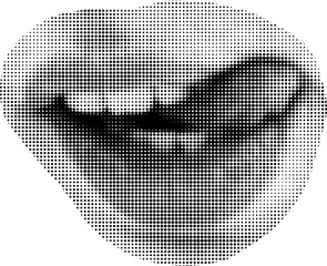 Halftone dot circle punk mouth cut out collage element isolated on white background. Woman girl avatars for mixed media decoration.