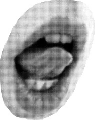 Halftone dot circle punk mouth cut out collage element isolated on white background. Woman girl avatars for mixed media decoration.