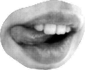Halftone dot circle punk mouth cut out collage element isolated on white background. Woman girl avatars for mixed media decoration.