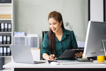 Businesswoman analyzing financial graphs, calculating company expenses, and planning investments,...