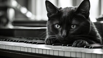 Monochrome Cat Glimpse Through Piano Silence