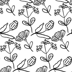 Elegant floral vector pattern featuring hand-drawn flowers and leaves on a simple white background.