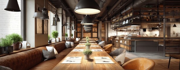 The modern restaurant interior featuring cozy wooden furniture and cozy lighting.