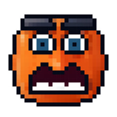 Fototapeta premium Orange pixelated face expressing shock and surprise with exaggerated features and bright colors displayed on a white background