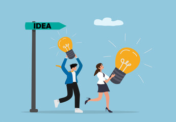 Teamwork Concept with Business People Holding Light Bulbs Running Toward Idea Signpost for Innovation and Creativity