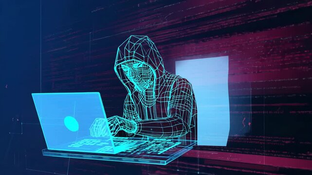 Digital Wireframe Hacker in Hoodie Using Laptop in Cybersecurity Breach Hacking Scene