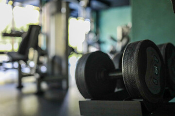 Fifteen-kilogram dumbbell rests on a rack in a modern hotel gym; shallow depth of field blurs the background fitness machines
