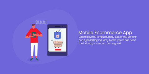 Customer with tablet, mobile commerce application with passkey secure checkout process, online shopping.