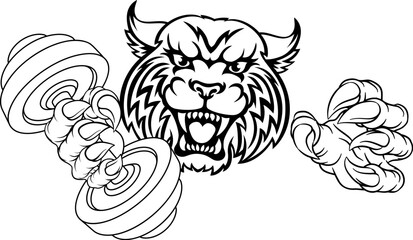 A wildcat cougar lynx lion weight lifting gym animal sports mascot holding a dumbbell weight in his claw