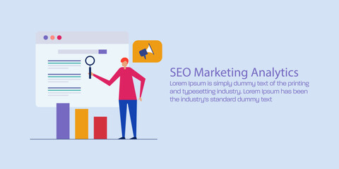 SEO marketing expert with magnifier standing beside search engine results, web traffic and ranking graph indicates performance.