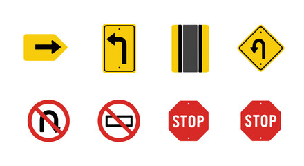 Diverse Collection of Road and Traffic Signs.  A diverse set of road and traffic signs: directional arrows, straight road, U-turn, No Entry, and Stop signs. Essential for navigation.
