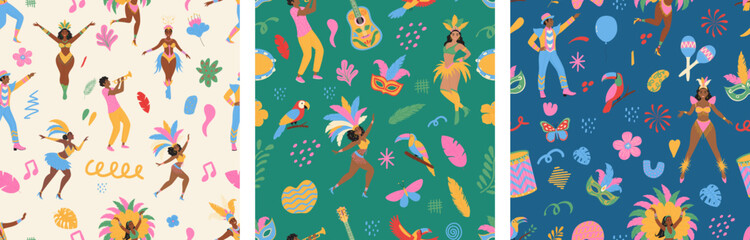 Carnival in Brazil. Seamless pattern set with bird, dancing people, flowers. Modern vector illustration