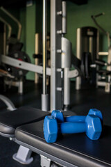 Pair of small blue hex dumbbells resting on a workout bench in a modern, empty gym; strength-training equipment blurred in the background