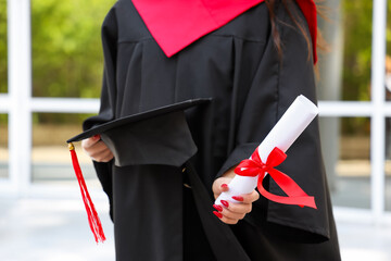 Female student with diploma on her graduation day, closeup