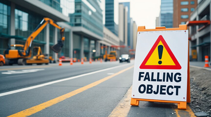Caution Sign Warning of Falling Objects at Construction Site in Urban Environment