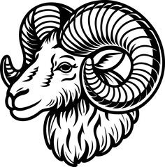 Detailed vintage ram head illustration with large spiral horns and textured fur in black and white engraving