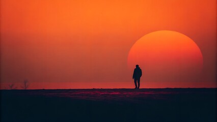 Fototapeta premium Lone figure silhouetted against a vast fiery orange sunset sky with a hint of clouds
