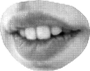 Halftone dot circle punk mouth cut out collage element isolated on white background. Woman girl avatars for mixed media decoration.
