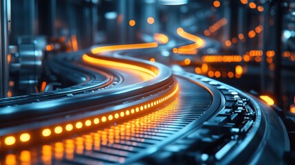 Futuristic Industrial Conveyor Belt System with Glowing Lights in Deep Focus