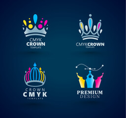 Set Logo Crown theme CMYK Print. Template design vector. Black background.