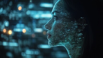 Digital Glowing Grid Pattern on Woman Face Profile with Cityscape