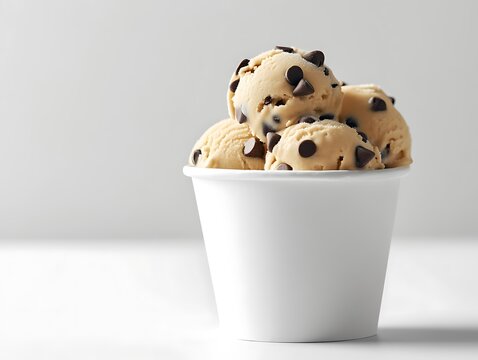 Chocolate chip flavor soft serve cookie dough ice cream on white blank empty paper cup