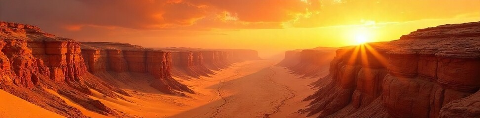 Fototapeta premium Dramatic Sun-Baked Desert Landscape Rugged Cliffs, Canyons, and Endless Sand Dunes under a Blazing Sky. A breathtaking scene of harsh natural beauty.