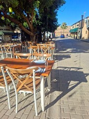tables and chairs in a restaurant